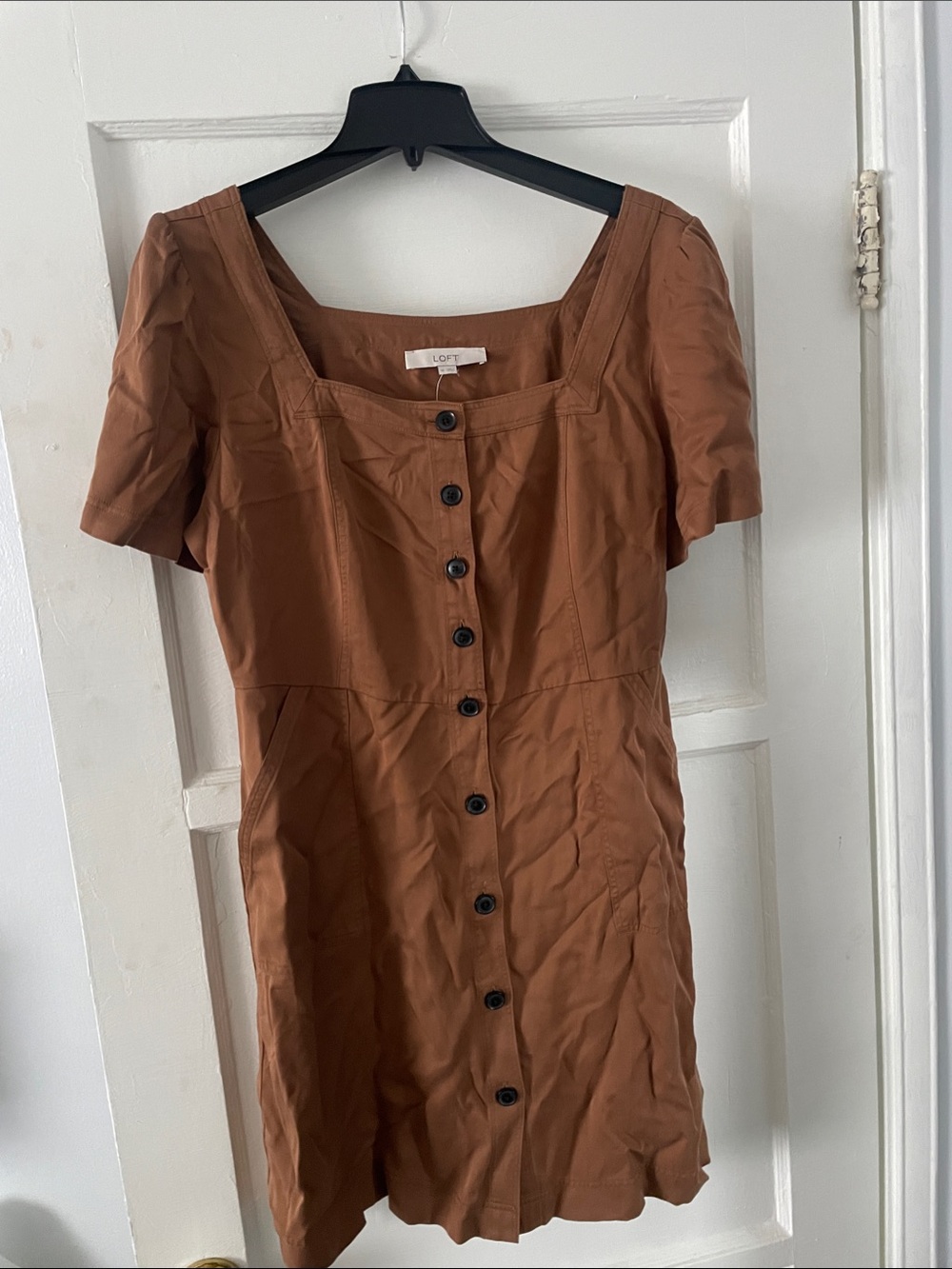 LOFT Rust Brown Button-Front Square Neck Mini Dress